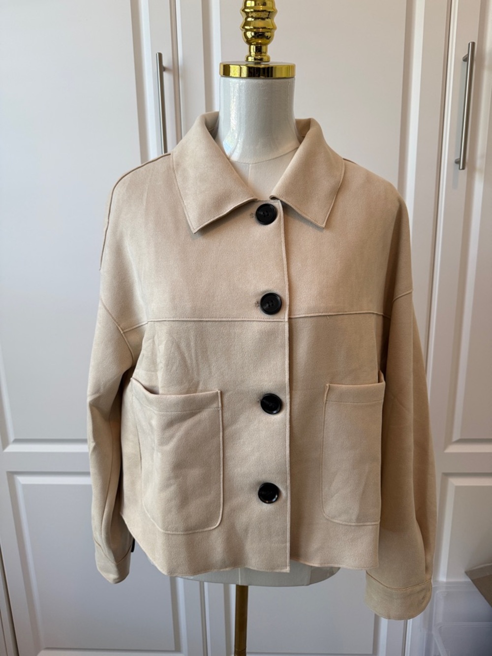 Pretty Garden Women's Beige Faux Suede Button-Front Jacket